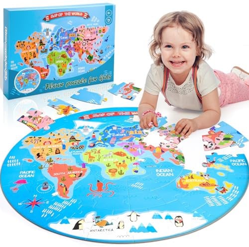 HappyGoLucky Jigsaw Puzzles for Kids, Boys Girls Toys Age 3-12 World Map Puzzles for 3 4 5 6 7 8 9 Year Olds Boy Girl Gifts