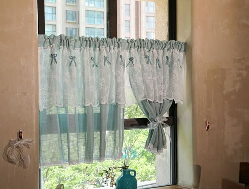 Yaland Garn Scheibengardine Amerikanisches Landhausstil Doppelschichtige Küchengardinen mit Spitze Leinenoptik Bistrogardine mit Raffhalter 1 Stück Türkis mit Stangendurchzug HxB 50x90cm