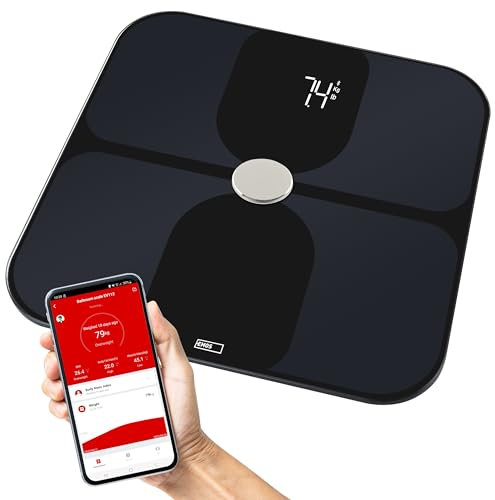 EMOS GoSmart - Smart Home digitale Personenwaage mit BMI, Körperfett- und Muskelmasse-Analyse - mit App - Bluetooth - ITO-Glas - 18 Körperdaten - 10 Benutzerprofile - 180 kg Tragfähigkeit - schwarz