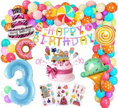 XXL Candy Set Candybar kinder Pastel Blau Zahl 100 cm 3 deko deco 3. Party Folienballon, Donut Lutscher eiscreme Ice fun Luftballons 3, Happy Birthday Pastell 3. Kindergeburtstag (Zahl 3)