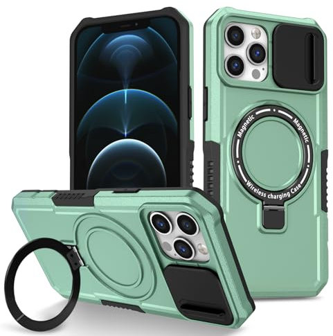 Yarxiawin Custodia per iPhone 13 Pro Max, Nero Armor Protezione Fotocamera Scorrevole Case per iPhone 13 Pro Max Cover Antiurto rigida con Anello Supporto Magnetico (Verde)