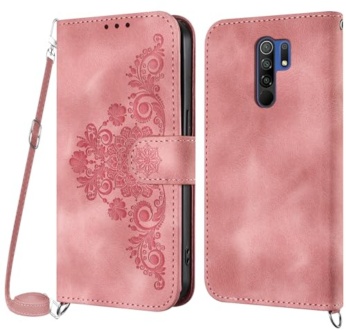 NETANY Handykette Hülle für Xiaomi Redmi 9, Handyhülle für Xiaomi Redmi 9 Hülle mit Kette Klappbar, PU Leder Necklace Klapphülle und Umhängeband Lanyard Flip Stoßfest Schutzhülle mit Band (Rosa)