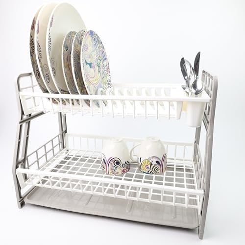 DIVCHI 2-Tier Dish Drying Rack Large Capacity Plastic Dish Drainer, Utensil Holder, Drain board - Kitchen Counter, Over Sink Organizer for Plates, Bowls, Cups (Grey)