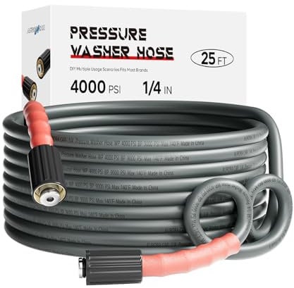 AURORA CAR Pressure Washer Hose 25FT 1/4, Kink Resistant Power Washer Hose Compatible with M22 Fittings, Replacement For Most Brand Pressure Washers, 4000 PSI, Grey