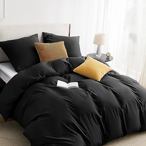 BEDSURE Bettwäsche 200x220 3teilig Schwarz - 1 Bettbezug 200x220 cm + 2 Kissenbezüge 80X80 cm, ÖKO-TEX Bettwäsche-Sets Schwarz Polyester Mikrofaser mit Reißverschluss