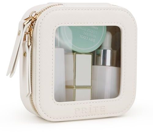 Prite Kleine Transparent Kosmetiktasche Mini Make Up Tasche Damen Reise Wasserdichte Kulturbeutel Autozubehör und Auto Organizer mit Goldenem Doppelreißverschlüss (Beige)