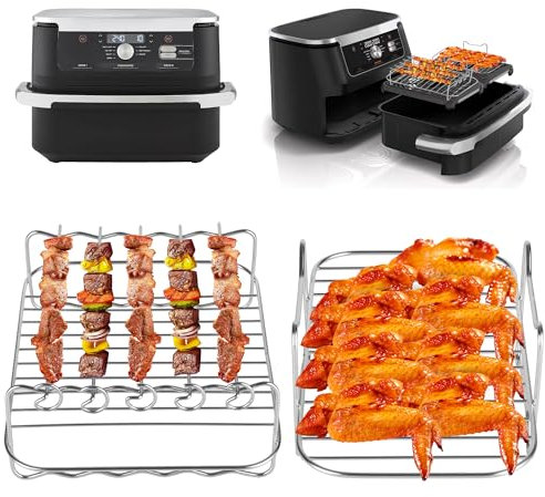 Hivio Air Fryer Rack for Ninja Foodi Flexdrawer Dual Air Fryer 10.4l Af500/Af500Ukcp, Rack for Ninja Flexi Drawer 10.4l Air Fryer Accessories, 304 Air Fryer Grill Rack(2Pcs+5 Skewers)