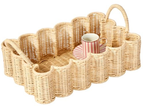BEBE BASK Premium Wavy Scalloped Rattan Tray - Small Hand-Woven Scallop Wicker Tray - 19 x 9 x 6.5 in - Scalloped Basket - Scallop Basket
