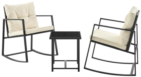 Shally Dogan Set aus Tisch und 2 Schaukelstühlen für den Garten, aus Polyrattan und Kissen mit hoher Dichte, für den Außenbereich, Lounge für Bar, Restaurant, Patio, Balkon, Bistro, Terrasse