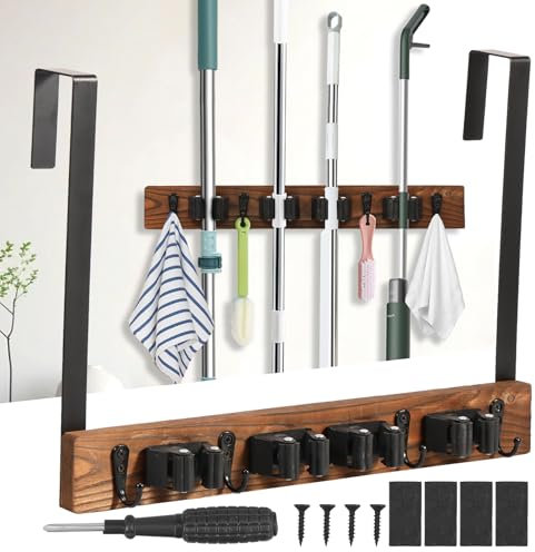 Soporte para escoba montado en la pared, colgador de escobas sobre la puerta, escoba de madera resistente y estante para fregona con 4 ranuras, 4 ganchos, escoba sin perforación y soporte para fregona
