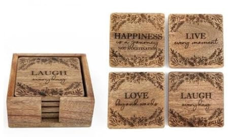 Marco Paul Wooden Coasters with Holder Wooden Placemats Cups Coasters House Warming Gifts New Home Wood Coaster Set of 4 Decorative Home Accessories New Home Gifts for Family Women Friends Couples