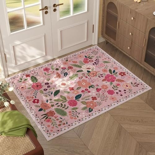 ARRITS Small Door Mat Indoor 60x90cm, Entrance Rug Machine Washable Pink Boho Retro Floral Small Area Rug Non-Slip Low Pile Throw Rug, Soft Front Door Rug for Entryway, Kitchen, Front Door, Kids Room