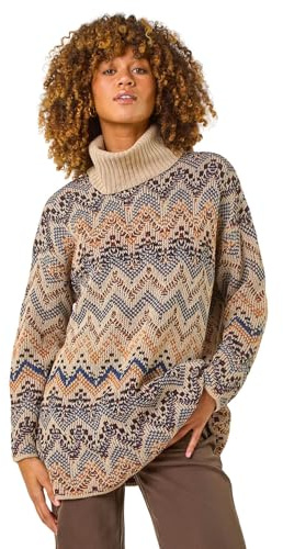 Roman Originals Jacquard Pattern Turtle Neck Knit Jumper for Women UK - Ladies Everyday Autumn Winter Comfy Soft Evening Vacation Work Party Night Out - Multi Plus - Size 18