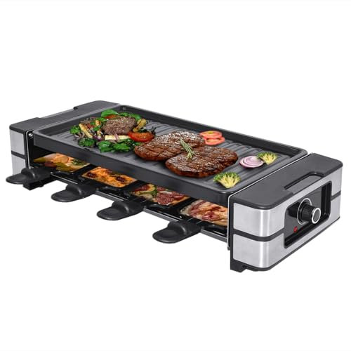 Syntrox 8er 4in1 Raclette Grill| Tischgrill | Pfännchen| 8 Personen, einfache Reinigung, robust und langlebig, Schwarzes Design, 2000 Watt Leistung