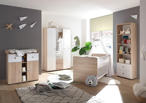 M Möbel-Direkt Deutschlands schnelle Möbel Babyzimmer Wiki 4-teilig - Kinderzimmer in Bolton Oak & Arktisgrau mit Drehtürenschrank, Babybett 70x140 cm höhenverstellbar, Wickelkommode & Regal