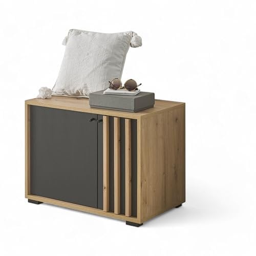 Stella Trading VOLANO Schuhbank in Artisan Eiche Optik, Schwarz - Moderne Sitzbank mit Stauraum für Ihren Flur - 64 x 48 x 38 cm (B/H/T)