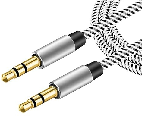 Fia Direct 2M/6.6ft - Aux Cable 3.5mm Nylon Braided Aux Lead for Car, Headphone, iPhone, iPad, iPod, MP3 Player, Smartphone, Echo Dot, Tablet, Home Stereos, Laptop and More (Silver, 2 Meter)