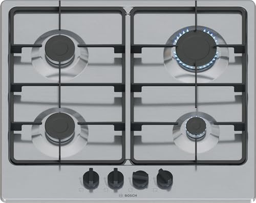 Bosch PGP6B5K60, Piano cottura a gas, Manopole a ponticello: controllo ergonomico, 4 fuochi, Acciaio, Versione Esclusiva Amazon, 60 cm, Serie 4 - NEW, Inox
