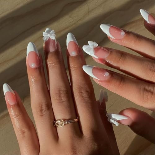 Nude Pink Press On Nails Almond - White French Tip False Nails Short Medium With Pearl White Bow - Natural Fake Nails With Glue - Full Cover Acrylic white Tips Stick On nails For Women DIY Nail Art