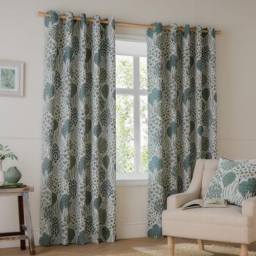 furn. Wylder Ophelia Room Darkening Eyelet Curtain Pair – Bold Botanical Floral Jacquard Drapes (Thyme/Mineral - L 137 x W 117cm - 2 Panels)