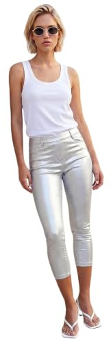 Roman Originals Metallic Coated Crop Jeggings for Women UK - Ladies Everyday Holiday Spring Summer Comfy Soft Evening Vacation Work Party - Silver - Size 12
