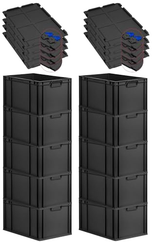 PROREGAL SuperSparSet 10x Eurobox NextGen Grip mit Scharnierdeckel & blauen Schiebeschnappverschlüssen, HxBxT 32x40x60cm, 65L, Schwarz, Griffe zu, Eurobehälter, Transportbox, Transportbehälter