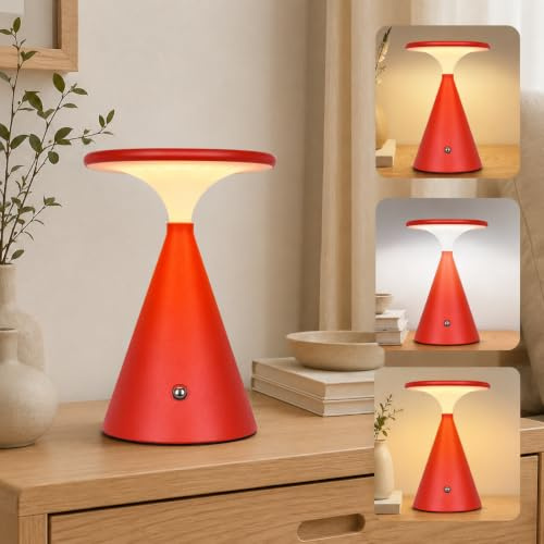 Rosnek Tischlampe Kabellose LED, 4000mAh Dimmbare Akku Tischleuchte, Outdoor/Indoor Touch Lampe, 3 Farb Unbegrenztes Dimmen Stylische Tischlampe, Lampe Akku für Innen & Außenbereich (Rot)