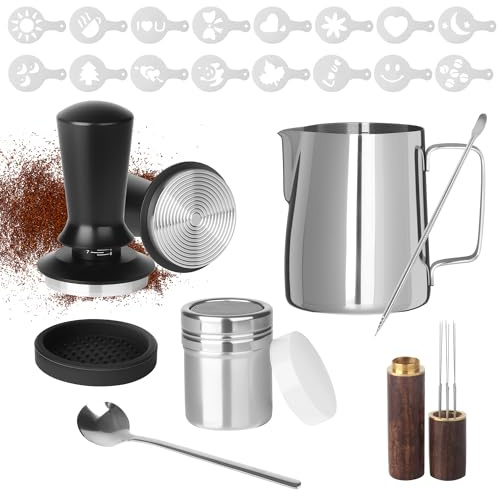 BUCOMTU Kaffee Tamper 51mm Set, Espresso Tamper Set 23pcs, Espresso Tamper Zubehör mit 350ml Edelstahl Milchkännchen und Latte-Art-Stift, Edelstahl Espresso Kaffeedrücker, Tamper Matte, Kaffee-Rührer