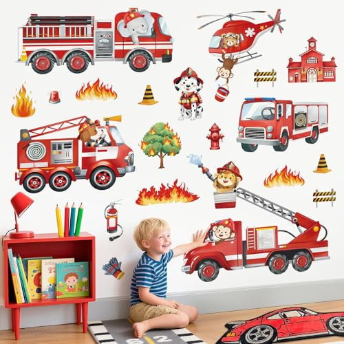 decalmile Wandsticker kinder Feuerwehrauto Wandtattoo Transporte Fahrzeug | Abziehbare und Aufklebbare Wandaufkleber, DIY Abnehmbare Wandkunst Abziehbilder, Wandfreundlich, Leuchtenden Farben