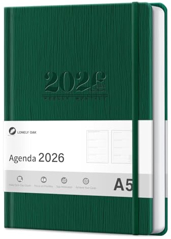 Kalender 2026 Buchkalender A5, 12 Monate Terminkalender mit Wochenplaner von Januar bis Dezember 2026 - Hardcover Kunstleder Taschenkalender Terminplaner - Grün