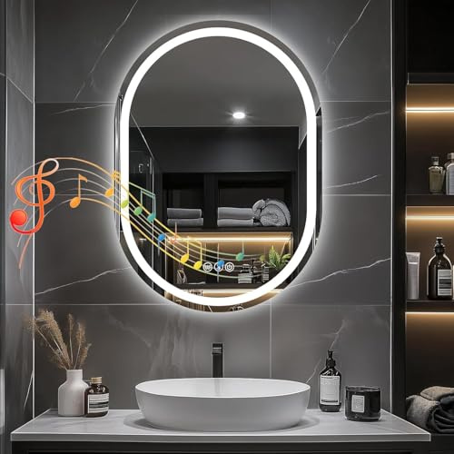 GREENSAPPIRE LED Bathroom Mirror 50×70cm Bluetooth Backlit Smart Mirror | Oval Smart Vanity Mirror dimmable lighting anti fog Bluetooth speaker waterproof design for bathroom makeup skincare bedroom