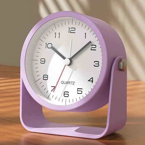 AYRELY 3,5Zoll Analog Wecker–geräuschloser Wecker ohne Ticken, Tischuhr mit verstellbarem Winkel, batteriebetrieben mit Licht (Lila)
