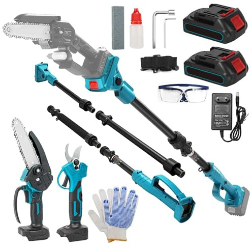 Akku Astschere & Kettensäge 4-in-1 Set, 6 Zoll Mini Akku Kettensäge mit 2x4.0Ah Akku & Ladegerät, Hochentaster Akku mit Teleskopstiel für Baumschnitt, Elektrische Astsäge für Garten & Obstbäume