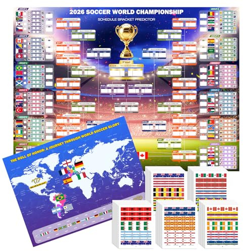 2026 World Soccer Tournament Extra Large Schedule Poster 43x32, 2Pcs Gifts Set with 384 Stickers and Predict Champion Cup Winner, Tracker Bracket Wall Chart for Sports Fans Party Decorations