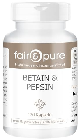 Fair & Pure Betain & Pepsin Kapseln mit Enzianwurzel 650mg Tagesdosis, 120 Stück, Vollspektrum Enzym Kapseln, Nahrungsergänzungsmittel ohne Zusätze, in Deutschland hergestellt