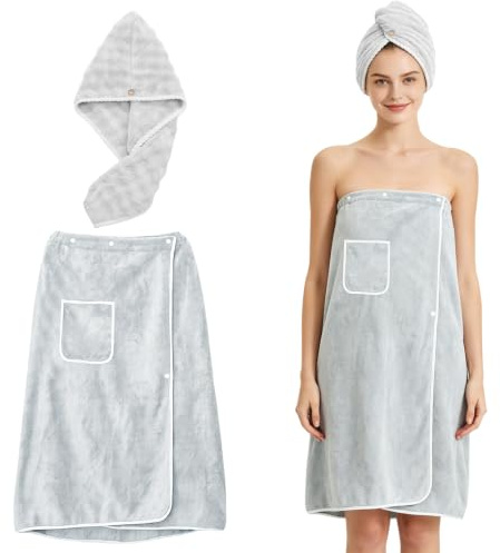 HEITOYI 80x150 cm Kilt da Sauna Donna, Asciugamano da Sauna con Chiusura Regolabile a Bottoni e Tasche, Asciugamano per Capelli Accappatoio da Sauna da Donna per Doccia, Spiaggia, Piscina, Spa