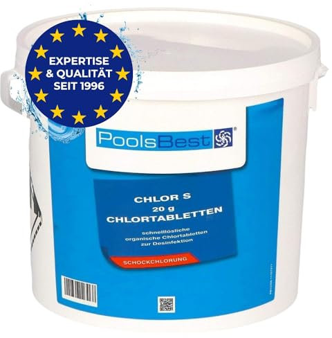 PoolsBest 10kg (2 x 5 kg) Chlor S 20g I schnelllösliche Chlortabletten für Pool I Poolpflege Chlortabs für Kinderpool, Whirlpool, Planschbecken I Stoßchlorung Tabletten zur Desinfektion I Pool Zubehör