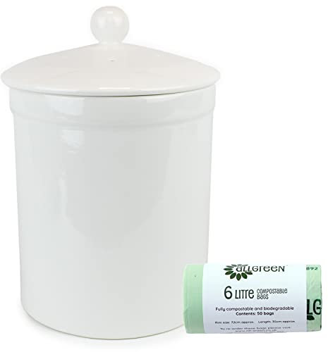 White Ceramic Compost Caddy & 50x 6L Compostable Bags - Portland Kitchen Ceramic Compost Bin for Food Waste Recycling