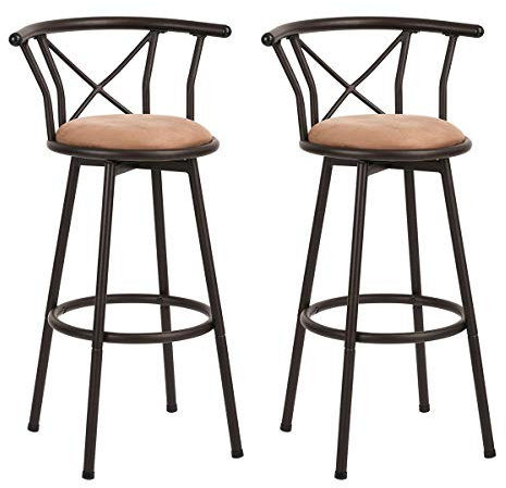 MEUBLE COSY Barhocker 2er Set Barstühle Drehbarer 75,5 cm hoch Drehstühle mit Fußstütze Lehne und Wildledersitz, für Esszimmer, Küche, Theke, Bar, Industriestil, Braun