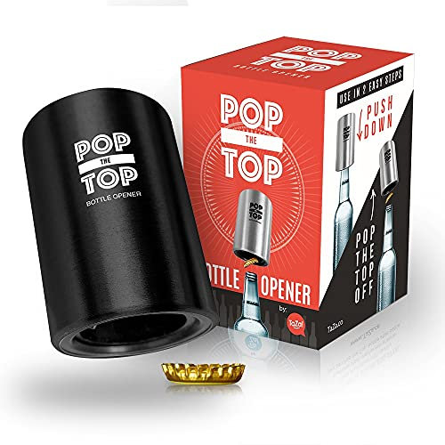 TaZa Pop-the-Top Beer Bottle Opener (Black): Automatic Bottle Opener, No Damage to Cap | Fun Bartender Tool | Push Down Decapitator Bottle Cap Opener by