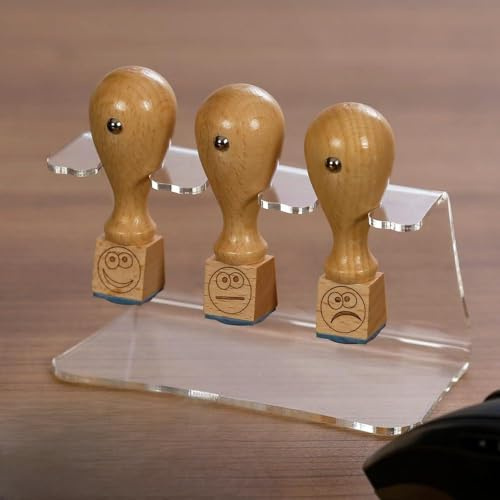 Bütic 3er Set Lehrer- Holzstempel - Schulstempel mit Acrylhalter Ständer - Designs auswählbar, Stempeldesigns:3er Set 1 - Smileys