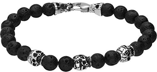 FILANGO Lavastein Kugelarmband TOTENKÖPFE Karabinerverschluss Herren Damen Schmuck schwarz silberfarben
