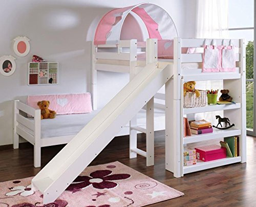 Froschkönig24 Etagenbett mit Rutsche Beni L Kinderbett Spielbett Bett Weiß Stoff Rosa/Weiß