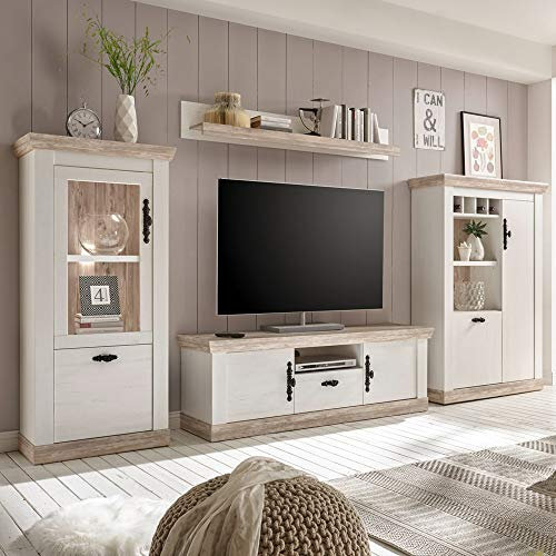 Lomadox Landhaus Wohnwand Pinie weiß mit Vitrine & Highboard, TV-Lowboard & Regal inkl. LED-Beleuchtung