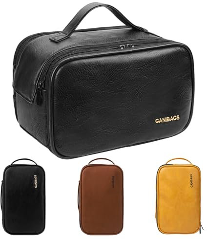 GANIBAGS Trousse de toilette en cuir pour homme, organisateur de voyage, trousse de rasage étanche pour accessoires de toilette, noir