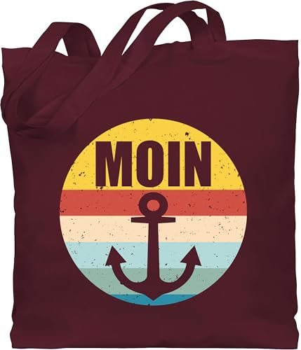Baumwolltasche - Sprüche Statement - Moin mit Anker retro - Unisize - Bordeauxrot - spruch norddeutsche jutebeutel geschenk zur einschulung einkaufstasche spruechen langer henkel sprüche. tasche