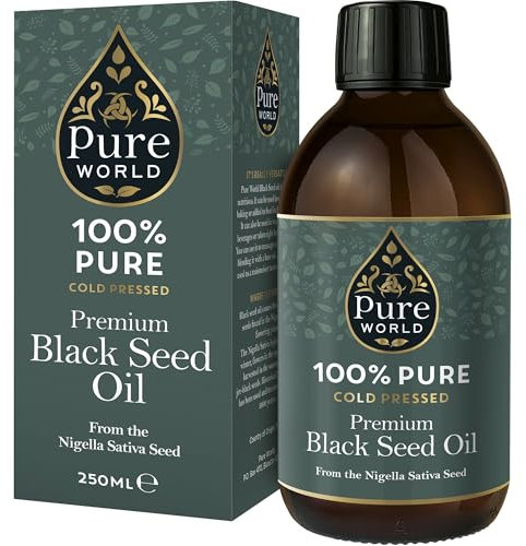 Pure World Black Seed Oil 250ML High Strength Thymoquinone 100% Pure Virgin Cold and Freshly Pressed Nigella Sativa. Glass Bottle Kalonji Non-GMO…