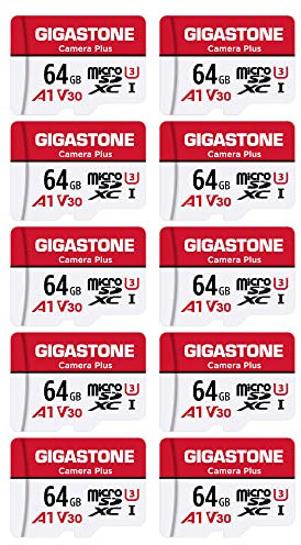 Gigastone Kamera Plus 64GB MicroSDXC Speicherkarte 10er-Pack + SD Adapter, für Action-Kamera und Drohne, Lesegeschwindigkeit bis zu 95MB/s, Full HD-Videoaufnahme, A1 U3 Klasse 10 Micro SD Karte UHS-I