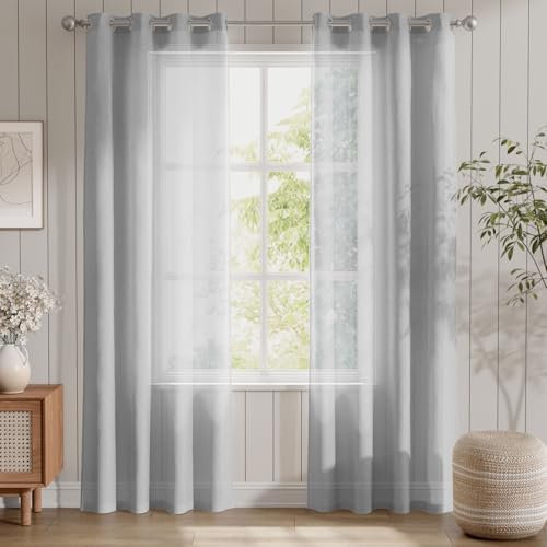TOPICK Gardinen mit Ösen Einfarbig Gardinen für Wohnzimmer Schlafzimmer Fenster Grau Transparent Durchsichtig Stores Landhausstil Modern Fenster Graugardinen 2er Set 210H x 140B (cm)