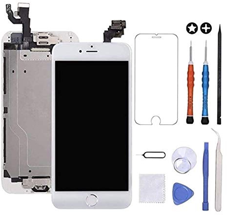 Allfixparts for Premium Screen Replacement for iPhone 6 Plus, LCD Complete Repair Display Digitizer Assembly with Ear Speaker, Front Camera, Proximity Sensor, Tempered Glass, Repair Set Kit (White)